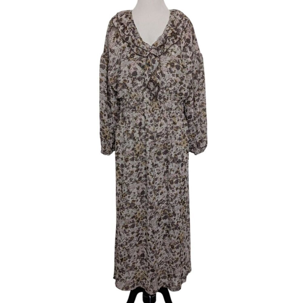 Entro Floral Midi Dress Womens Size Large Gray Purple Ruffle V Neck Long Sleeve